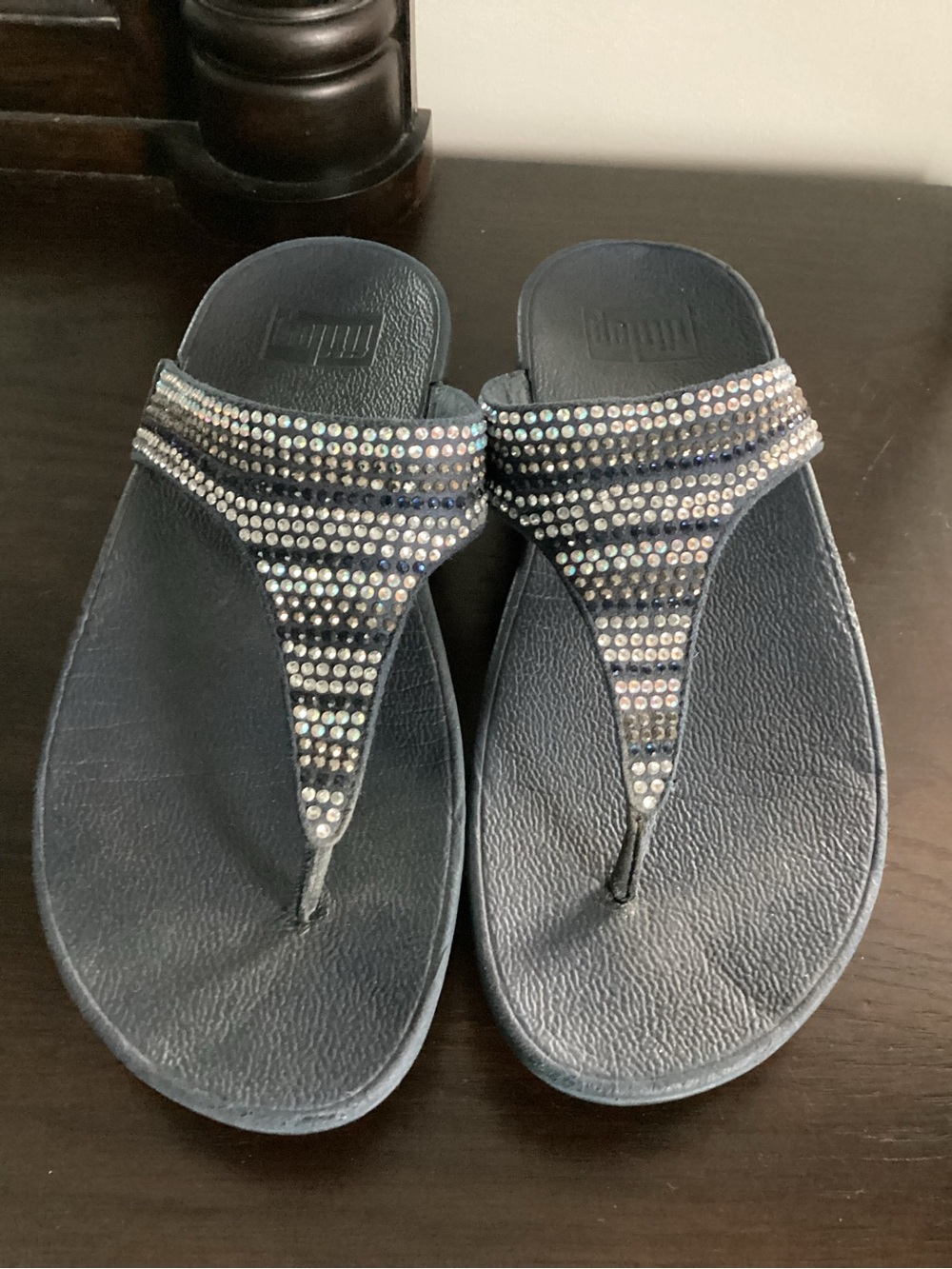 FitFlop Navy Rhinestone T-Strap Sandals